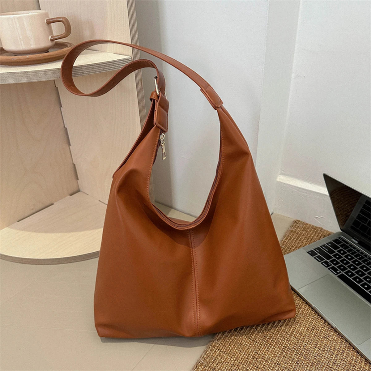Trendy Casual Soft PU Women's Handbags Solid Color Large Capacity Female Shoulder Bag Retro Tote Bag For Commute Shopping