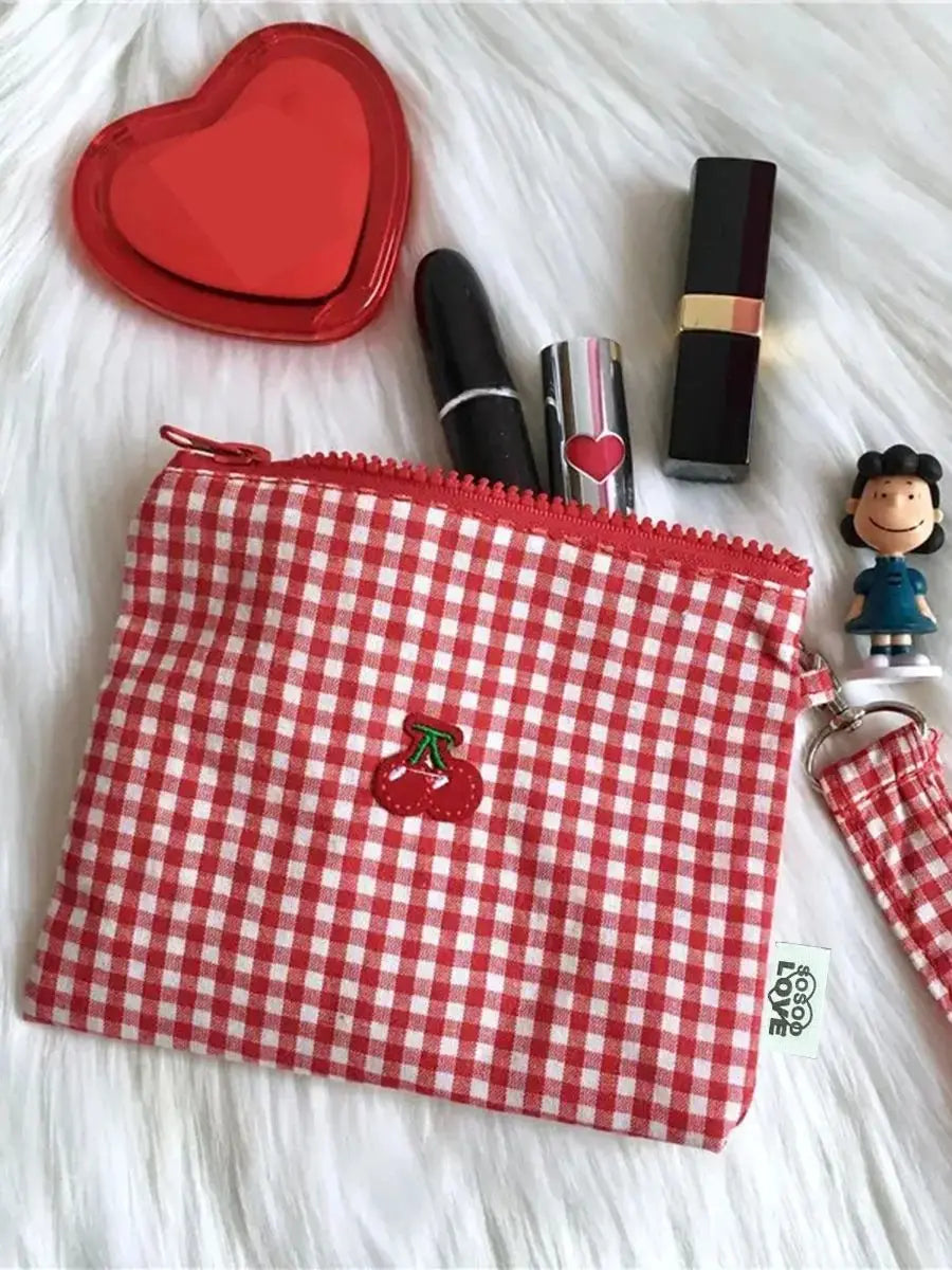 Red cherry canvas makeup bag, portable and easy to carry. Red plaid, large capacity cosmetic lipstick storage bag.