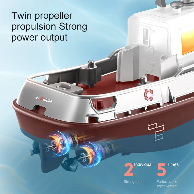 ZWN 1/32 RC Boat With Lights Powerful Dual Motor 2.4G Long Range Wireless Remote Controlled Tugboat Model Toy for Boy Girl Gifts