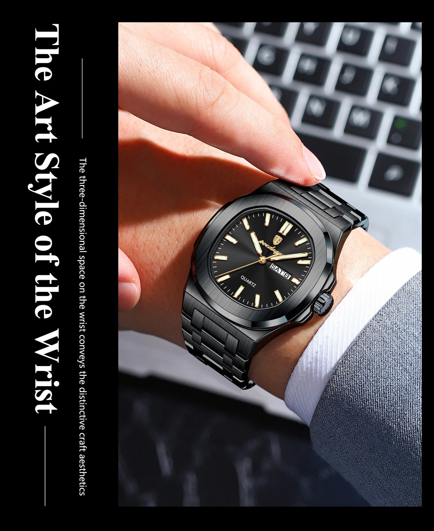 POEDAGAR Square Luxury Men's Wristwatch Luminous Waterproof Stainless Steel Male Clock Week Date Original Quartz Watches For Men