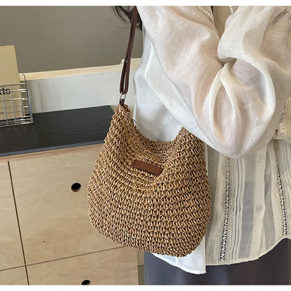 Straw woven bag, single shoulder, women's fashionable weaving, ins style, seaside beach, crossbody bag for women