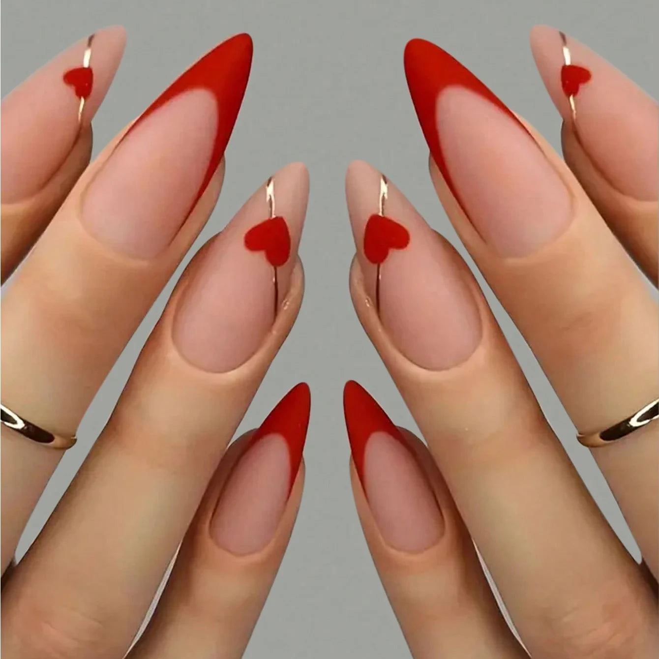 24PCS/ medium almond nail, red love pattern decoration, gold line outline, exquisite elegance, simple and generous, suitable for