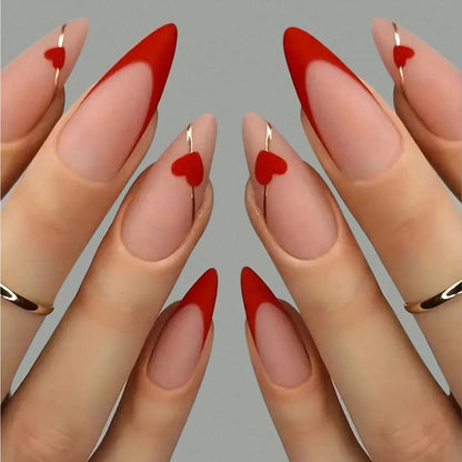 24PCS/ medium almond nail, red love pattern decoration, gold line outline, exquisite elegance, simple and generous, suitable for