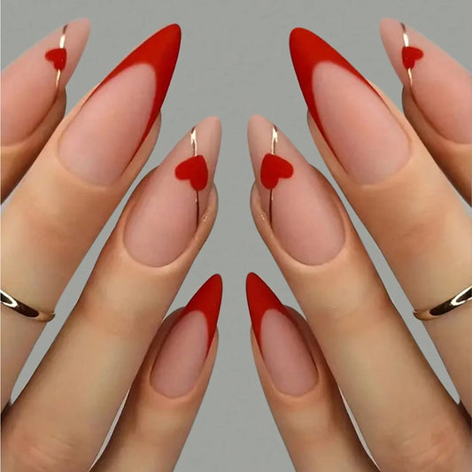 24PCS/ medium almond nail, red love pattern decoration, gold line outline, exquisite elegance, simple and generous, suitable for
