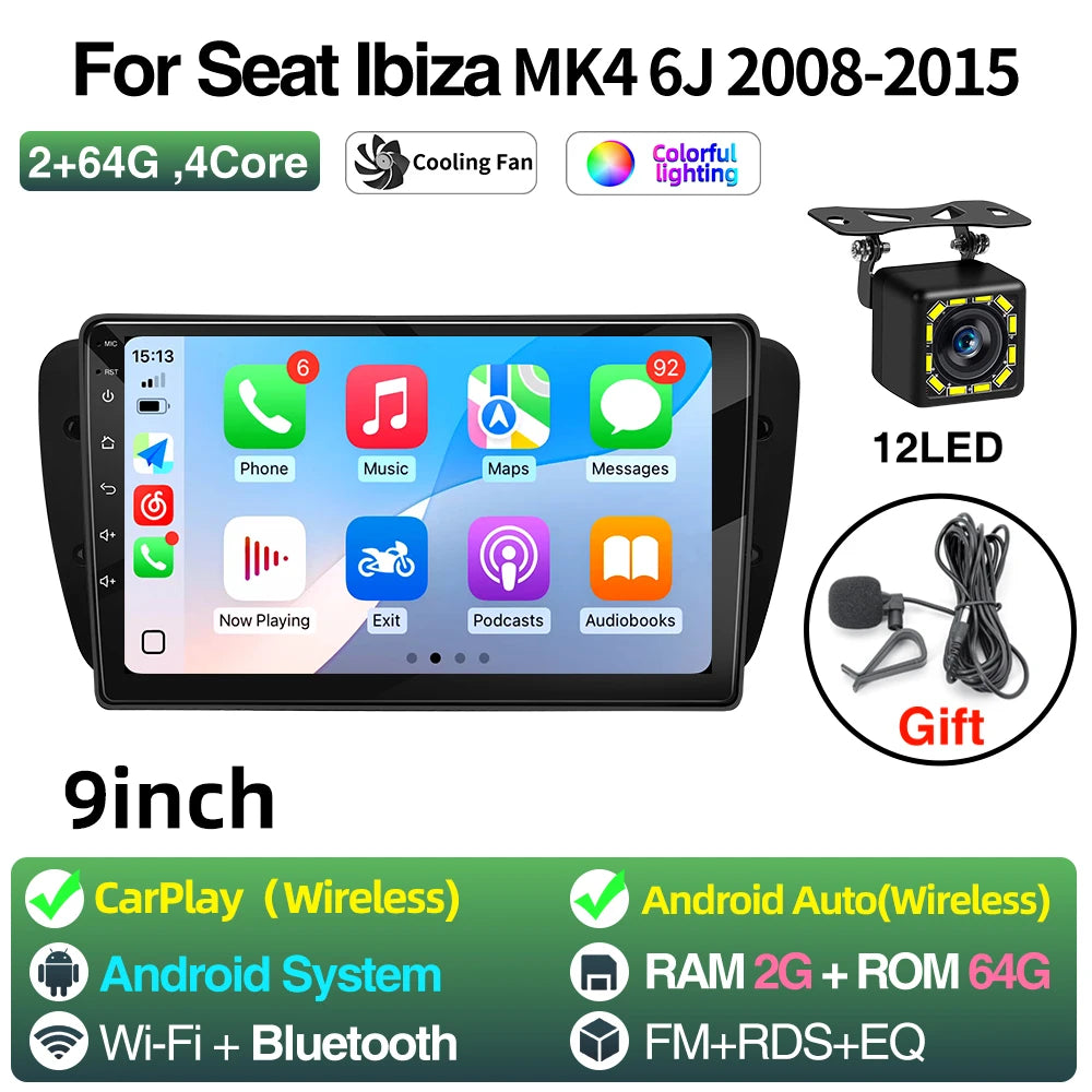 Android Car Radio for Seat Ibiza MK4 6J 2008-2015 Multimedia Player CarPlay Android Auto GPS Bluetooth WIFI Car Head Unit 9inch