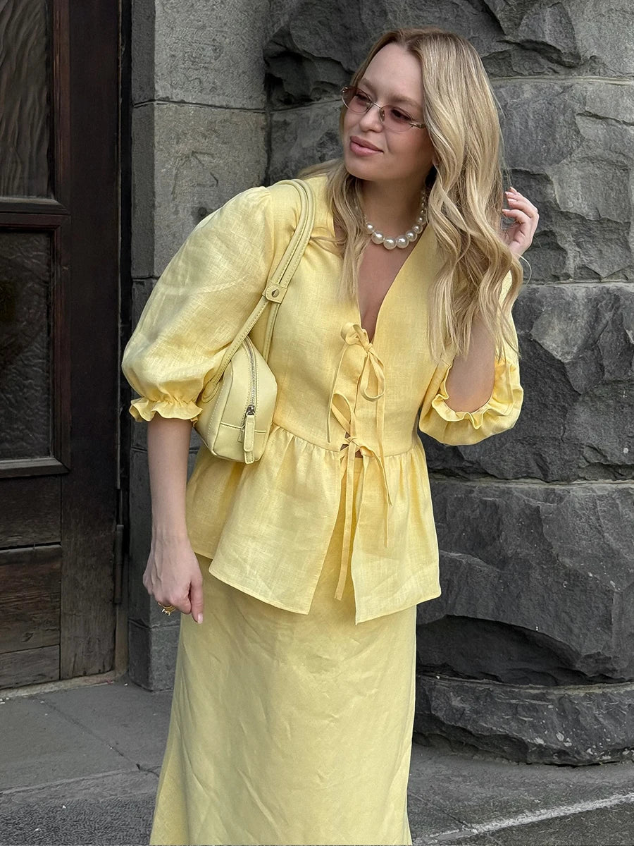 Bornladies 2025 Summer Women's 100% Cotton V-Neck Lace-Up Bubble Sleeve Shirt  Long Skirt Set Loose Casual Two-Piece Suit