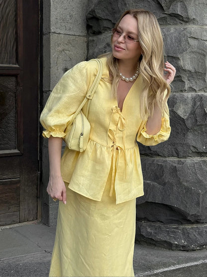 Bornladies 2025 Summer Women's 100% Cotton V-Neck Lace-Up Bubble Sleeve Shirt  Long Skirt Set Loose Casual Two-Piece Suit