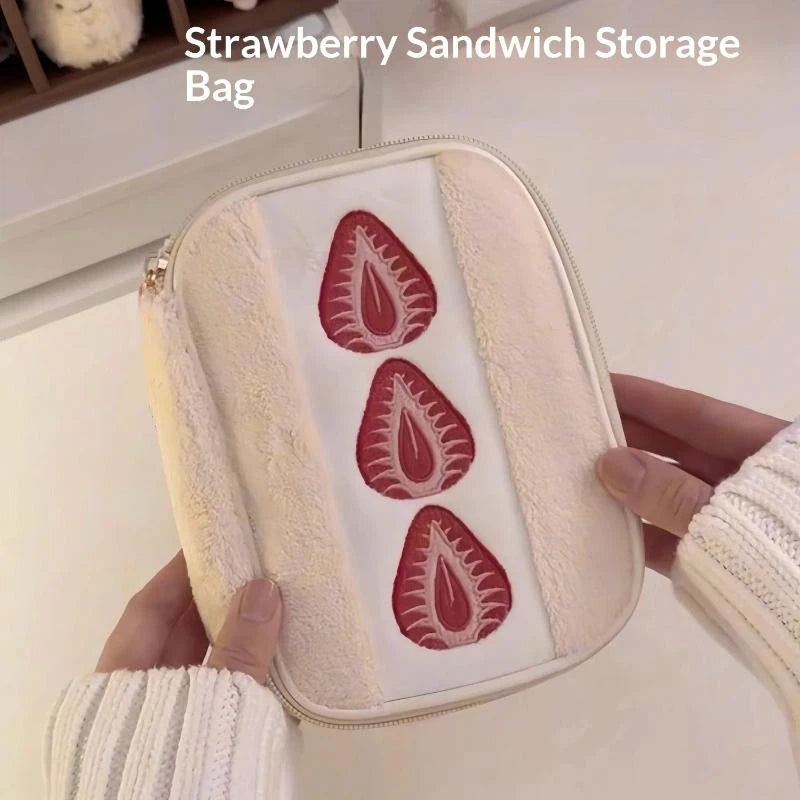 Cute Embroidered Strawberry Pencil Case Portable Stationery Pen Box Multi Functional Large Capacity Makeup Bag Storage Bag
