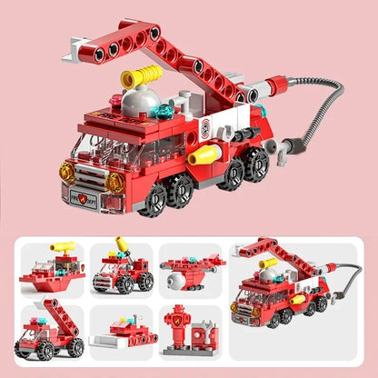 City Fire Car Building Blocks for Children, Police Truck, Engineering Crane, Tank, Helicopter Bricks Set Toys for Kids, 6in 1
