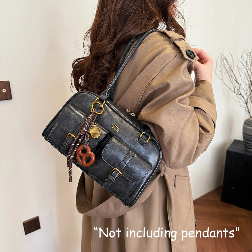 Women's Retro Solid Color Pu Leather Shoulder Bag with Multiple Pockets, Large Capacity, Exquisite and Fashionable Handbag