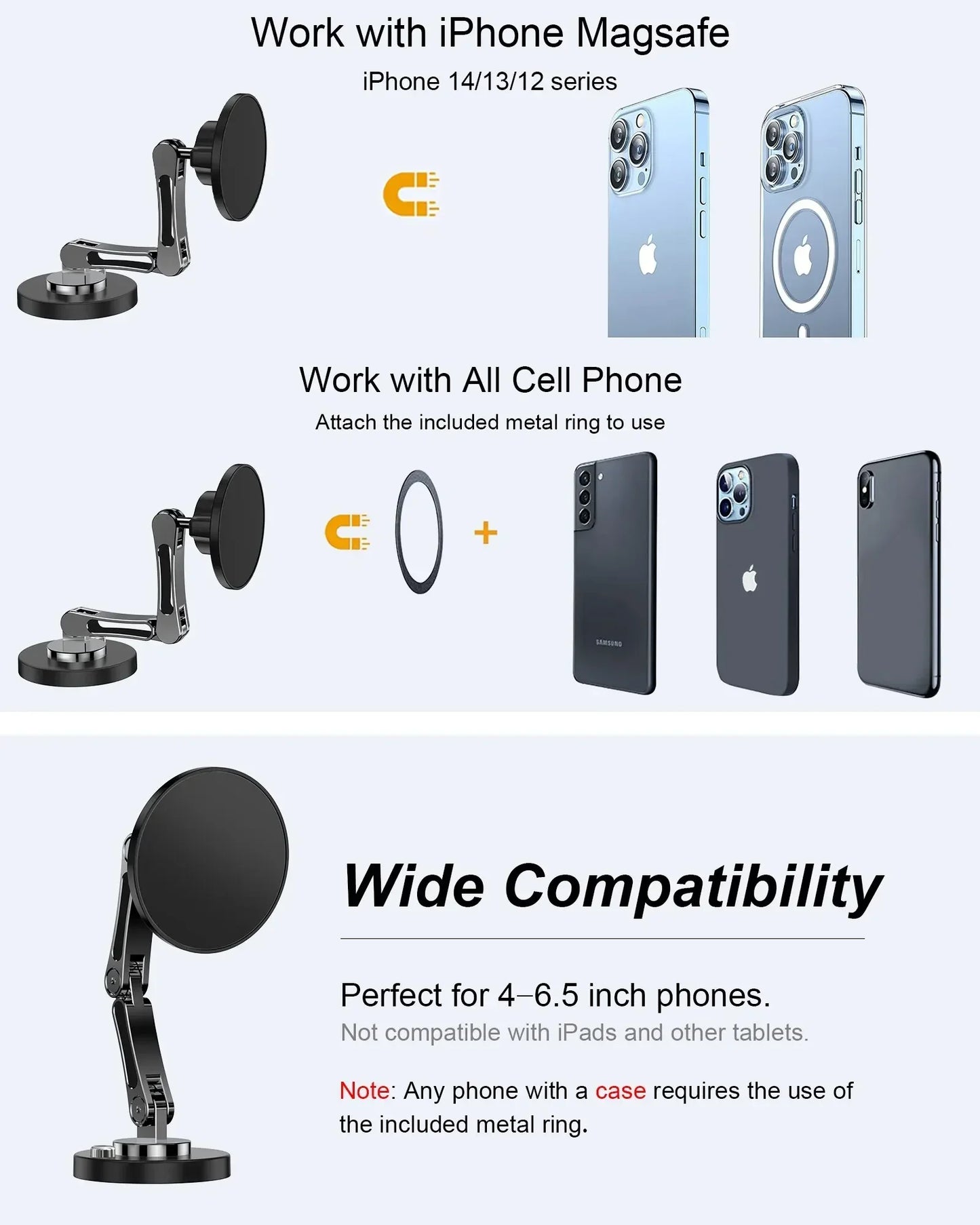 Foldable Universal Car Magnetic Holder Dashborad Alloy Magnetic Car Mount Smartphone Mobile Bracket For iPhone15 Samsung Xiaomi