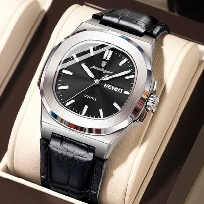 POEDAGAR Square Wristwatch For Men Luminous Waterproof Week Calendar Luxury Man Clock Leather Quartz Fashion Men's Watches Reloj