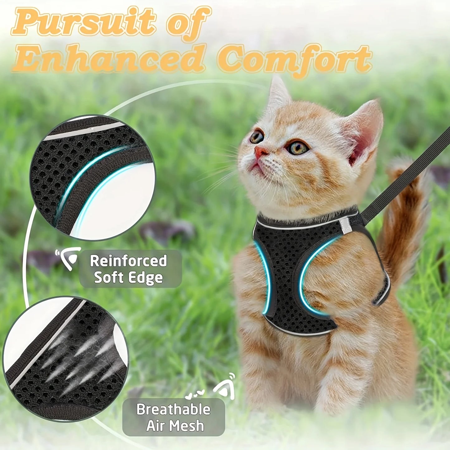 Reflective Cat Harness and Leash Set, Soft Mesh Vest, Polyester, Hand Wash Only, Escape-Proof Design, Safe Outdoor Walking, Suitable for Kittens, S/M Sizes Available