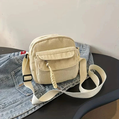 Corduroy Crossbody Bag for Women Casual Harajuku Style Zipper Closure Adjustable Strap Multi Pockets Polyester Lining Beige