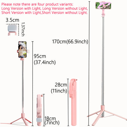 Extendable Aluminum Selfie Stick Tripod, Fill Light & Bluetooth-compatible Remote, Compatible with IPhone/Android, for Travel