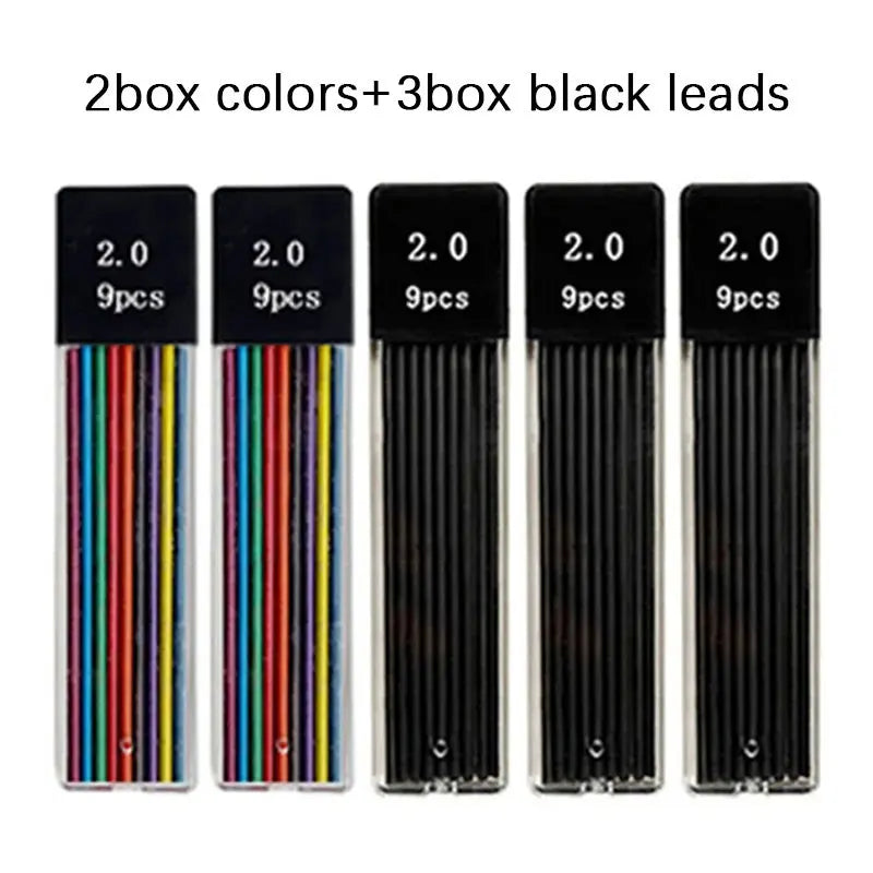 Mechanical Pencil Set 2.0mm with 2B Black/Colors Lead Refill for Writing Sketching Art Drawing Painting School Automatic Pencils