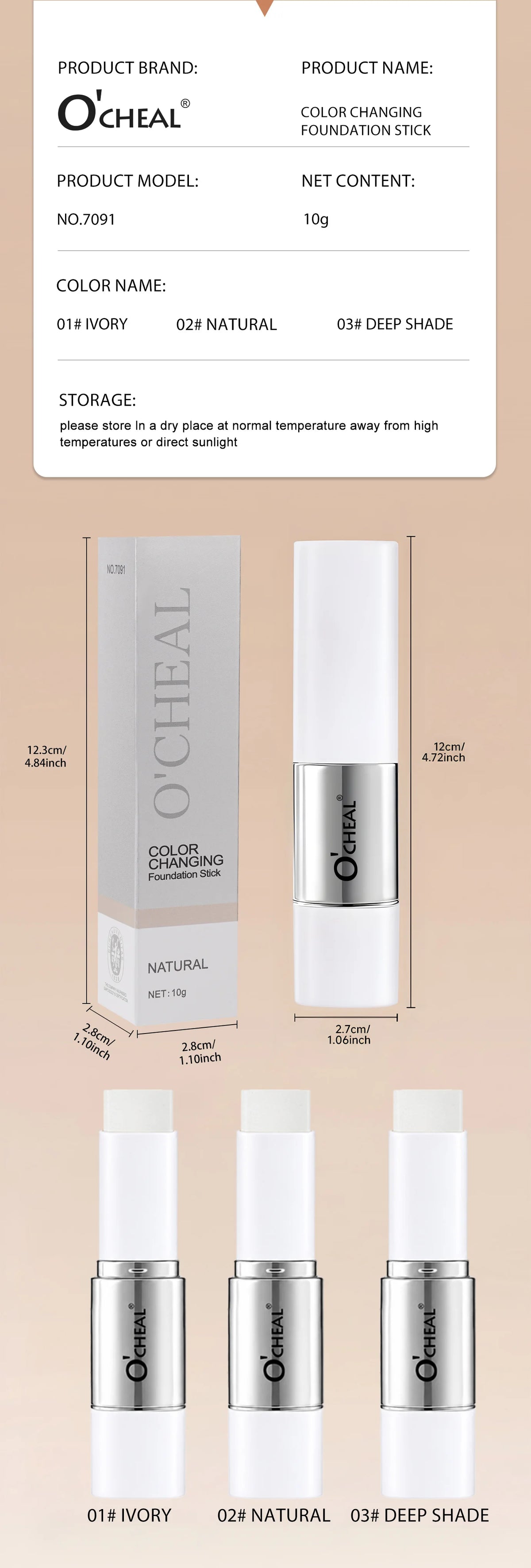 O'CHEAL Temperature Changing Foundation Stick Facial Coverage Blemishes Pores Double-Headed Face Matte Makeup Foundation Cream