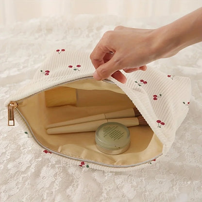 Fashion Cherry Printed Corduroy Makeup Bag Large Capacity Lightweight Zipper Makeup Storage Box Multifunctional Bag with Lining