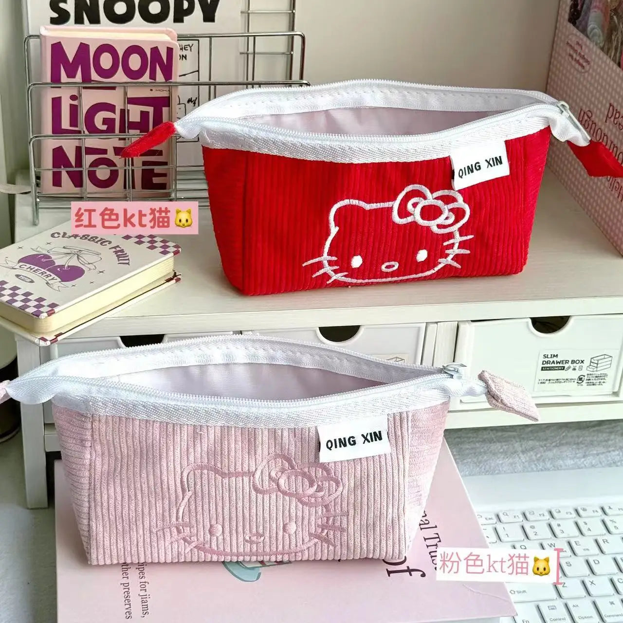 Cute Hello Kitty Corduroy Large Capacity Stationery Storage Bag Portable Handbag Cartoon Pen Bag with High Appearance Value