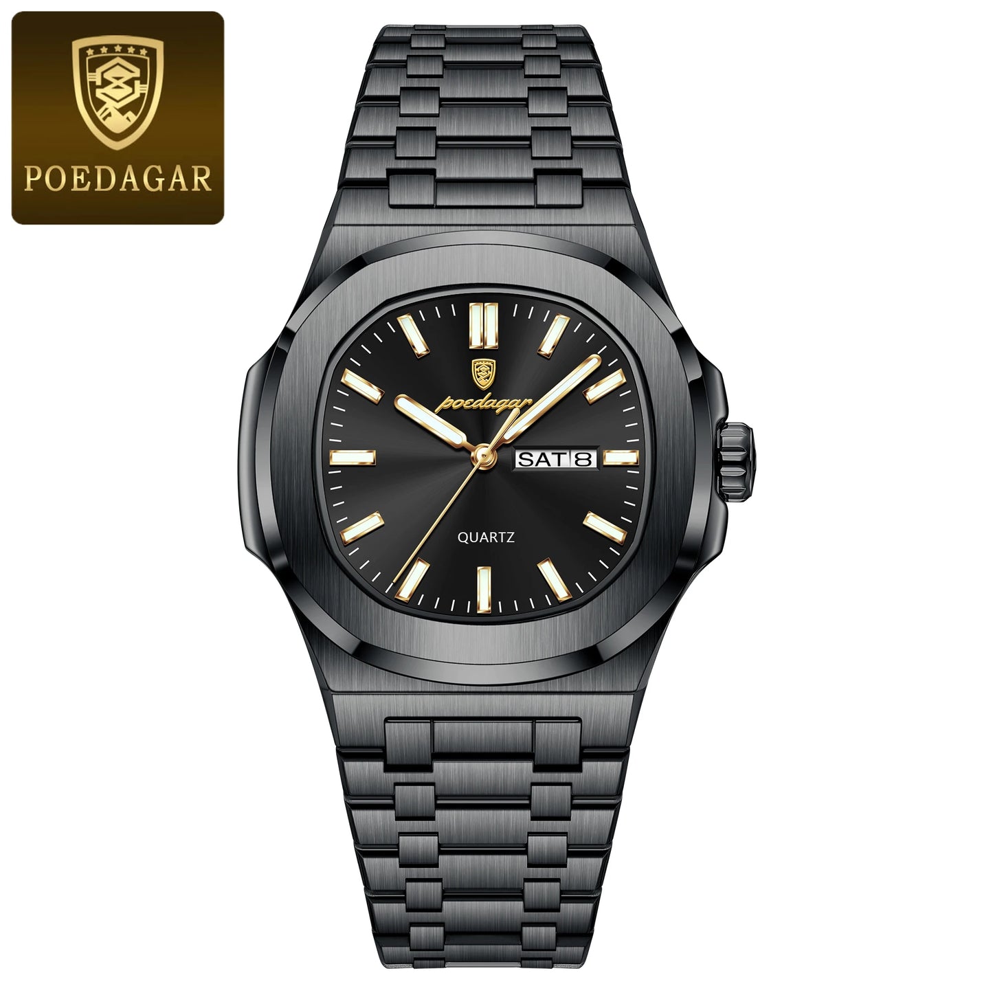 POEDAGAR Square Luxury Men's Wristwatch Luminous Waterproof Stainless Steel Male Clock Week Date Original Quartz Watches For Men