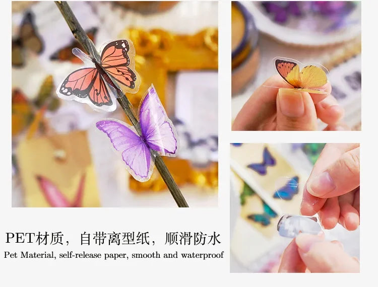 Journamm 40pcs/pack Butterfly Series Stickers Art Collage Junk Journal DIY Scrapbooking PET Waterproof Craft Aesthetics Stickers