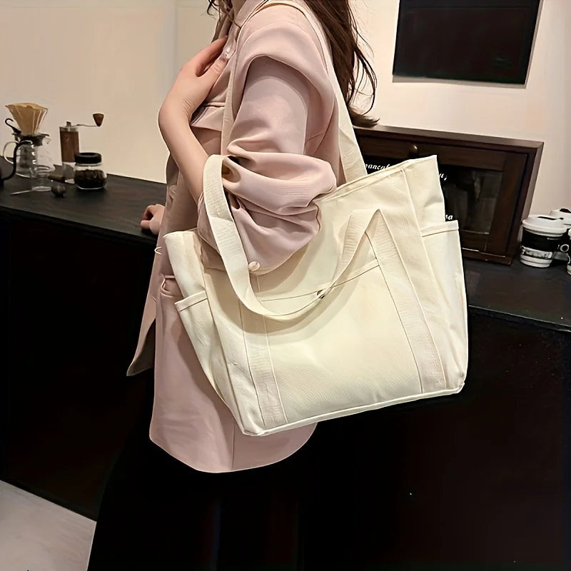 Stylish Large Capacity Canvas Tote Bag - Zipper Closure Durable Shoulder Straps Perfect for Commuting, College and Book Carrying