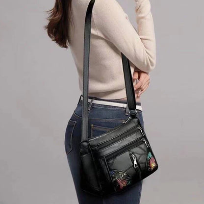 Women's Floral Embroidery Shoulder Bag Multi-zipper Casual Crossbody Bag Lightweight for Daily Shopping Dating Outing