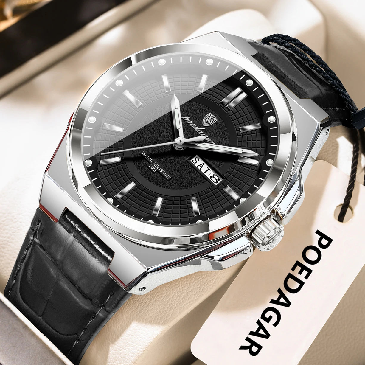 POEDAGAR Fashion Brand Man Wristwatch Waterproof Luminous Date Week Quartz Luxury Men's Watches Leather Business Men Watch Reloj