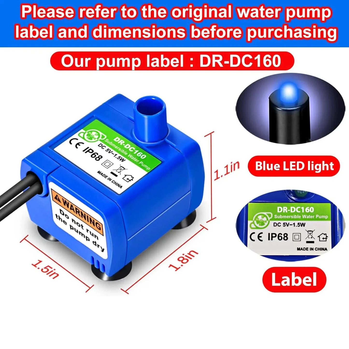 Water Pump Pet Cat Water Fountain Pump With LED Light - Replacement Motor For Cats Dogs Water Dispenser - USB Plug Pet Accessory