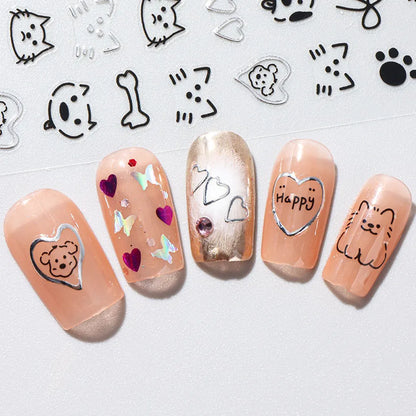2pcs 3D Cute Silver Smile Dog Decals Y2K Cartoon Cat Footprint Nail Stickers Graffiti Star Heart Bowknot Manicure Slider Decor