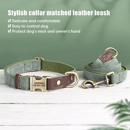 Personalized Dog Collar Leash PU Leather Dog Collars With Walking Lead Rope Free Custom Pet ID Necklace for Small Large Dogs Pug