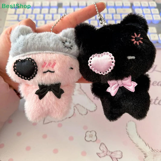 ♥Cute Plush Cat Keychain - Kawaii Kitten Pendant with Heart Patch & Bow for Bag Decoration