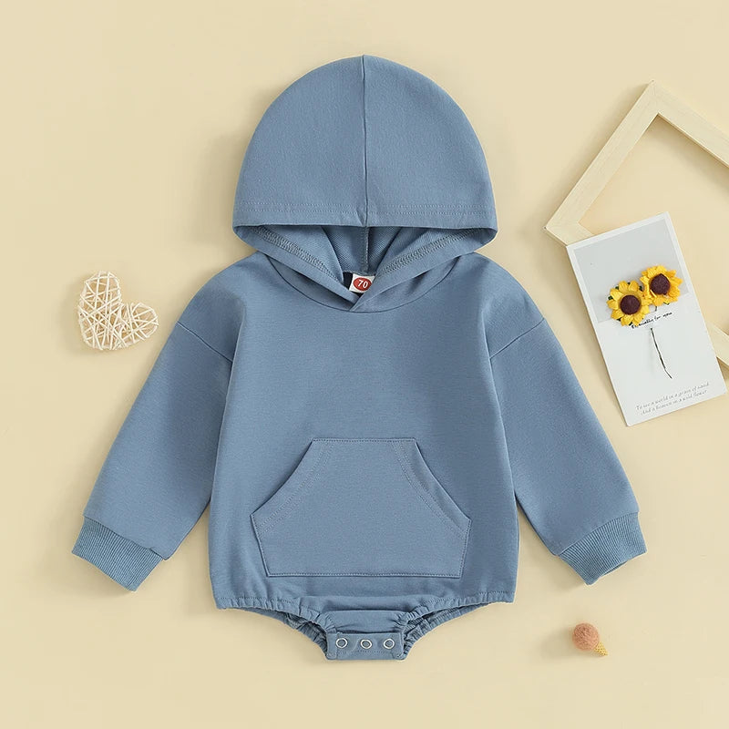 0-24months Baby Hooded Romper Long Sleeve Front Pocket Solid Color Bodysuit For Newborn Boys And Girls Spring Autumn Playsuit