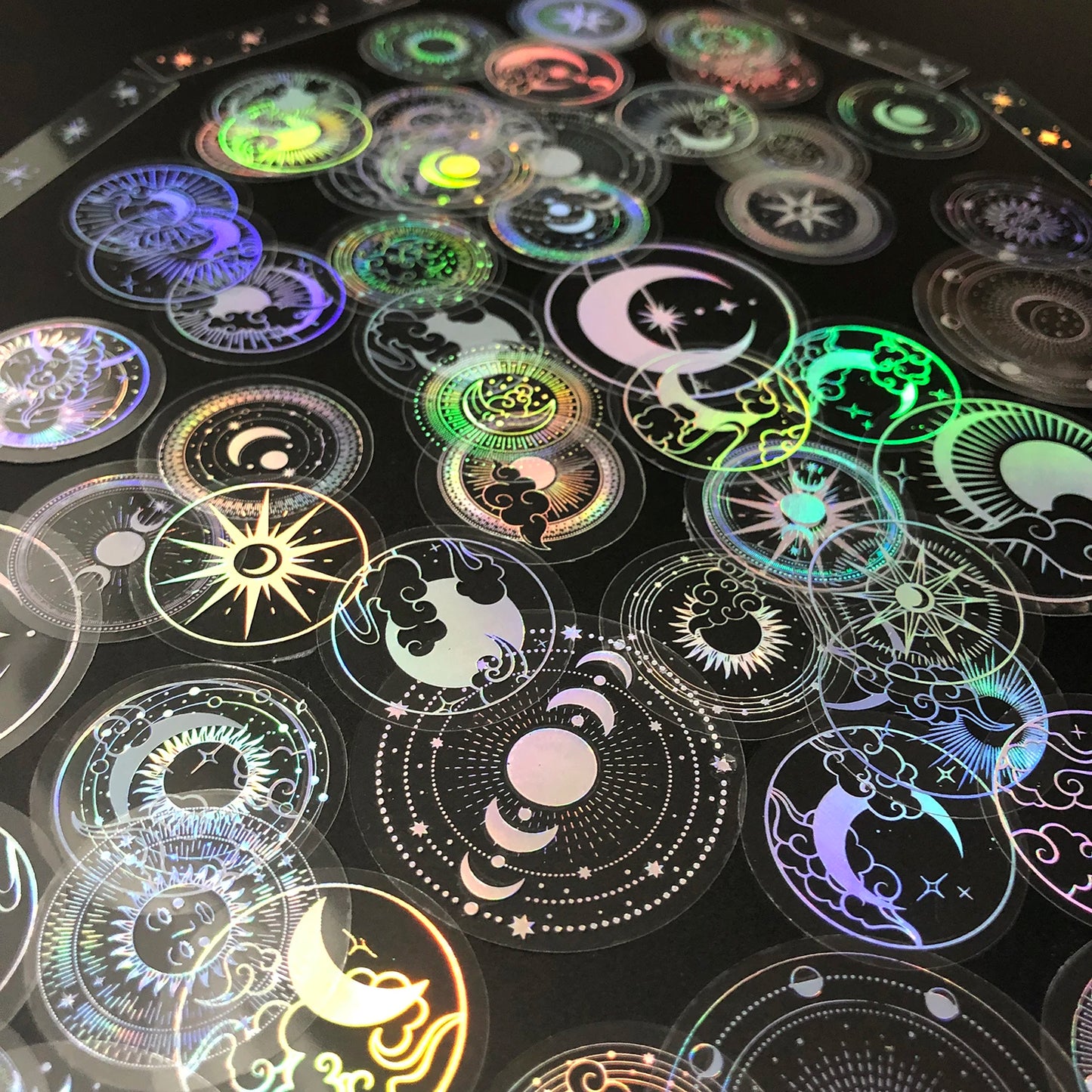 70 pcs PET Adhesive Stickers Waterproof Transparent Laser Silver Stickers Label: SUN MOON Stars Etc