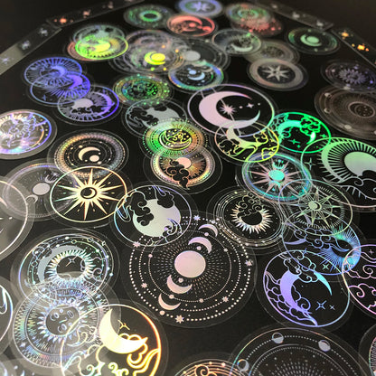 70 pcs PET Adhesive Stickers Waterproof Transparent Laser Silver Stickers Label: SUN MOON Stars Etc