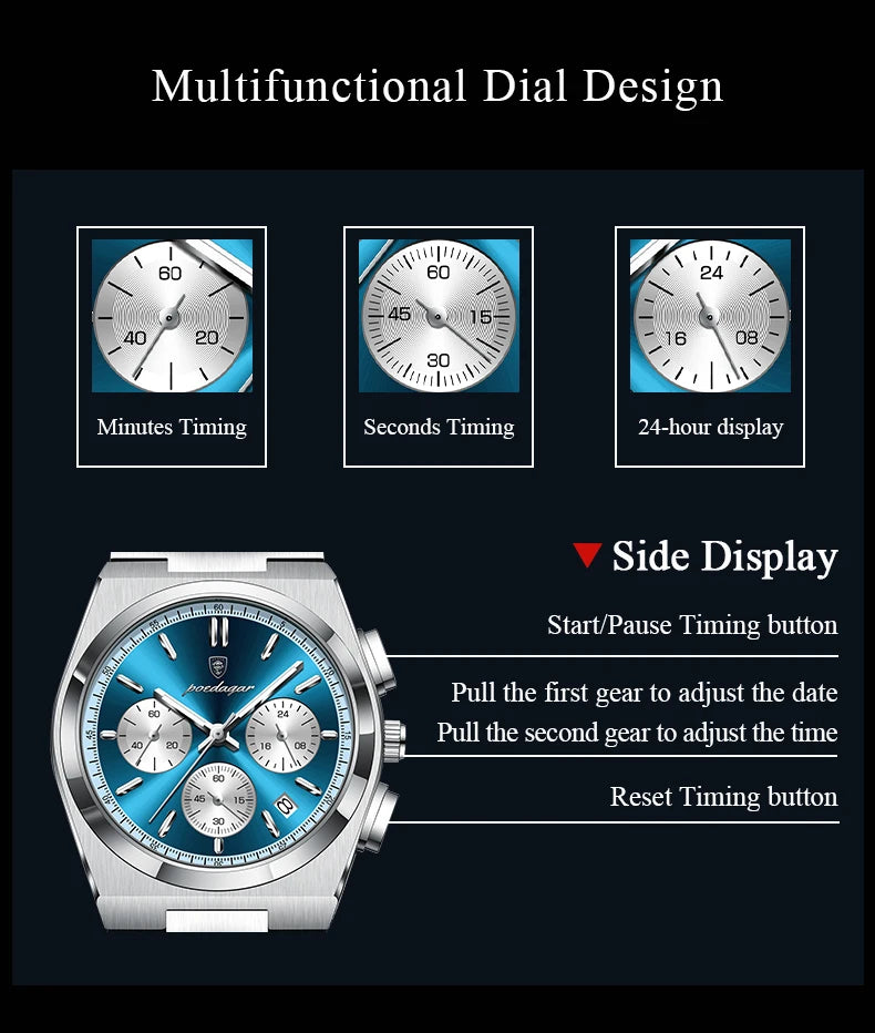 POEDAGAR Fashion Man Watches Chronograph Date Stainless Steel Casual Men Wristwatch Waterproof Luminous Men's Quartz Watch Reloj
