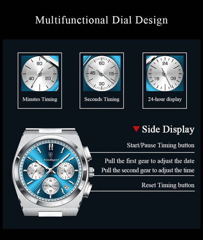 POEDAGAR Fashion Man Watches Chronograph Date Stainless Steel Casual Men Wristwatch Waterproof Luminous Men's Quartz Watch Reloj