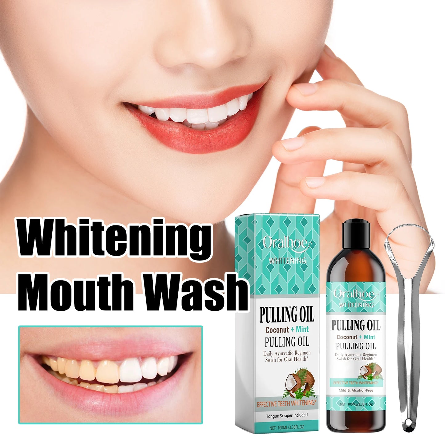 Coconut Mint Pulling Oil Mouthwash Kit With Tongue Scraper Fresh Oral Breath Odor Removal Alcohol-Free Whiten Tool Mouth Care