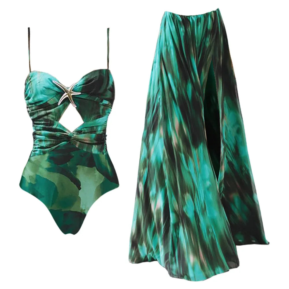 Blue One-Shoulder Ruffled Print Floral Swimsuit Set Cover Up Single Piece Micro Monokini Sexy Swimwear For Girls Summer Beach