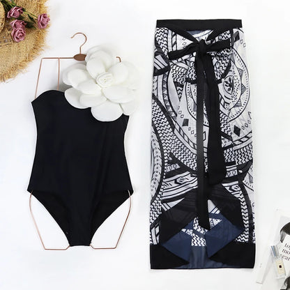 Blue One-Shoulder Ruffled Print Floral Swimsuit Set Cover Up Single Piece Micro Monokini Sexy Swimwear For Girls Summer Beach