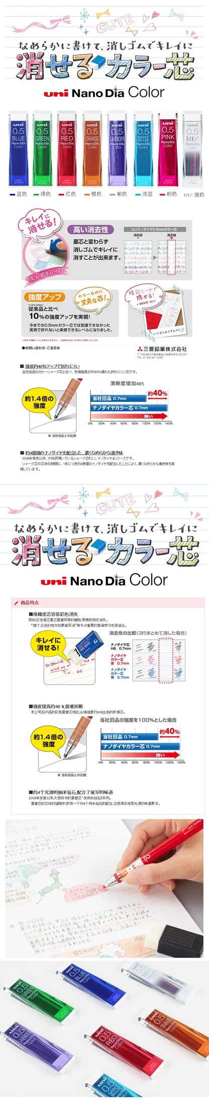 Japan Uni Nano Dia Color 0.5-202NDC Colored Mechanical Pencil Leads Refills 0.5mm Writing Supplies 202NDC