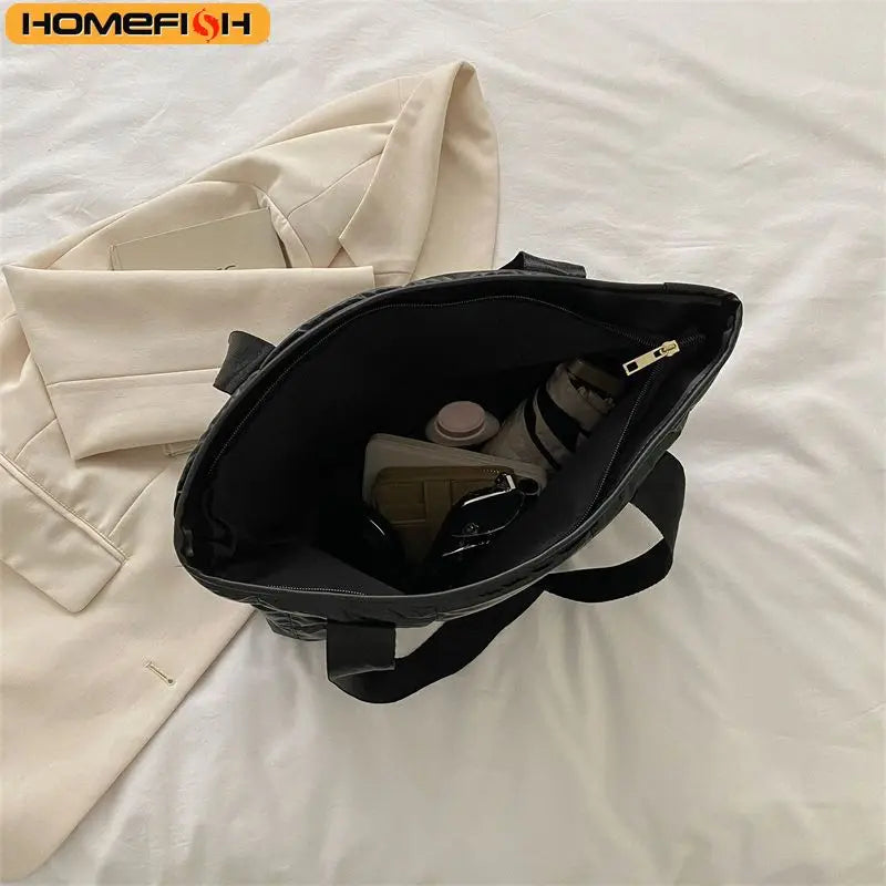HOMEFISH Ladies Tote Handbags Large Capacity Cotton Padded Shopping Bag Rhombus Portable Handbag Quilted Solid