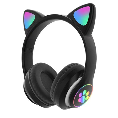 Cute Cat Ear Bluetooth Compatible Headset with LED Wireless Headset Children Girls Stereo Folding Sports Headset with Microphone