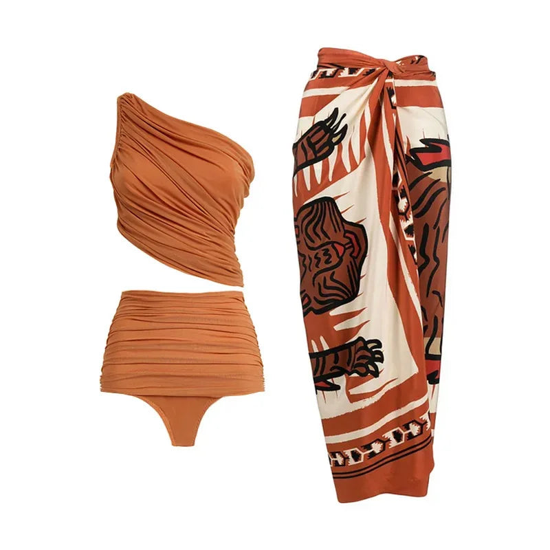 Blue One-Shoulder Ruffled Print Floral Swimsuit Set Cover Up Single Piece Micro Monokini Sexy Swimwear For Girls Summer Beach