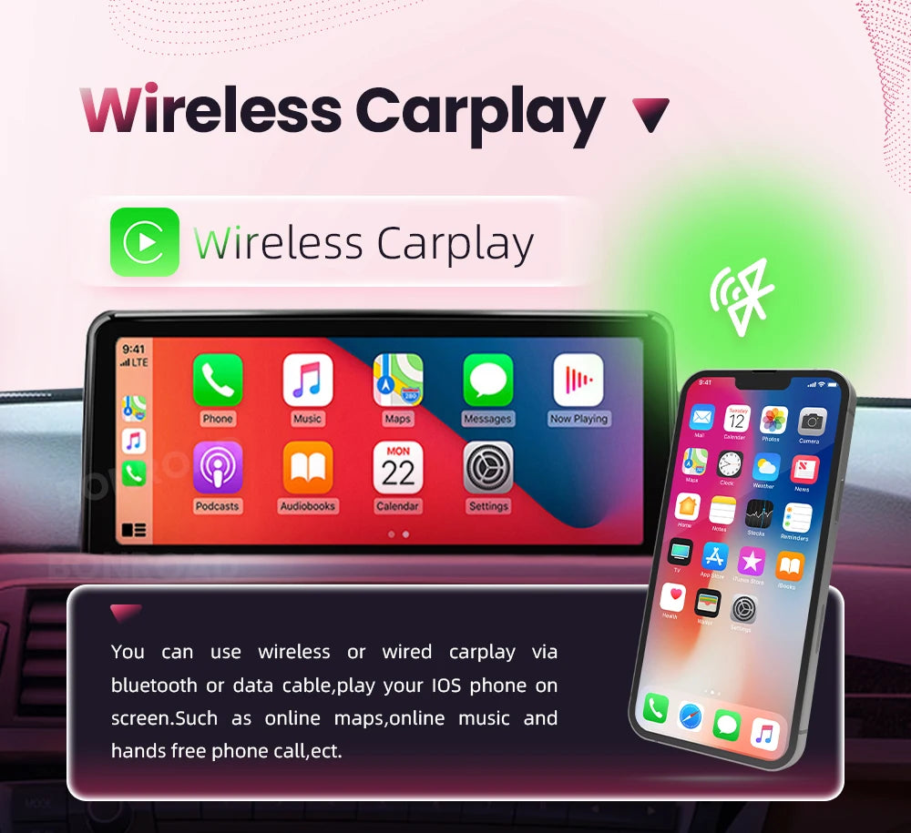 BONROAD Wireless Carplay Android auto Multimedia Player Car Radio For BMW 3 Series E90 E91 E92 E93 Touch Screen With Bluetooth