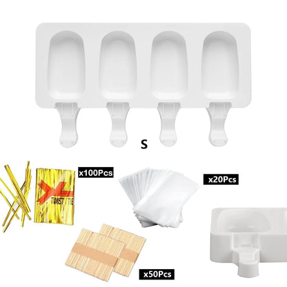 4Pcs Large Silicone Popsicle Molds Set,4 Cavities Oval Cake Pop&Ice Cream Bar Molds,Homemade Ice Making Kit with Wooden Sticks