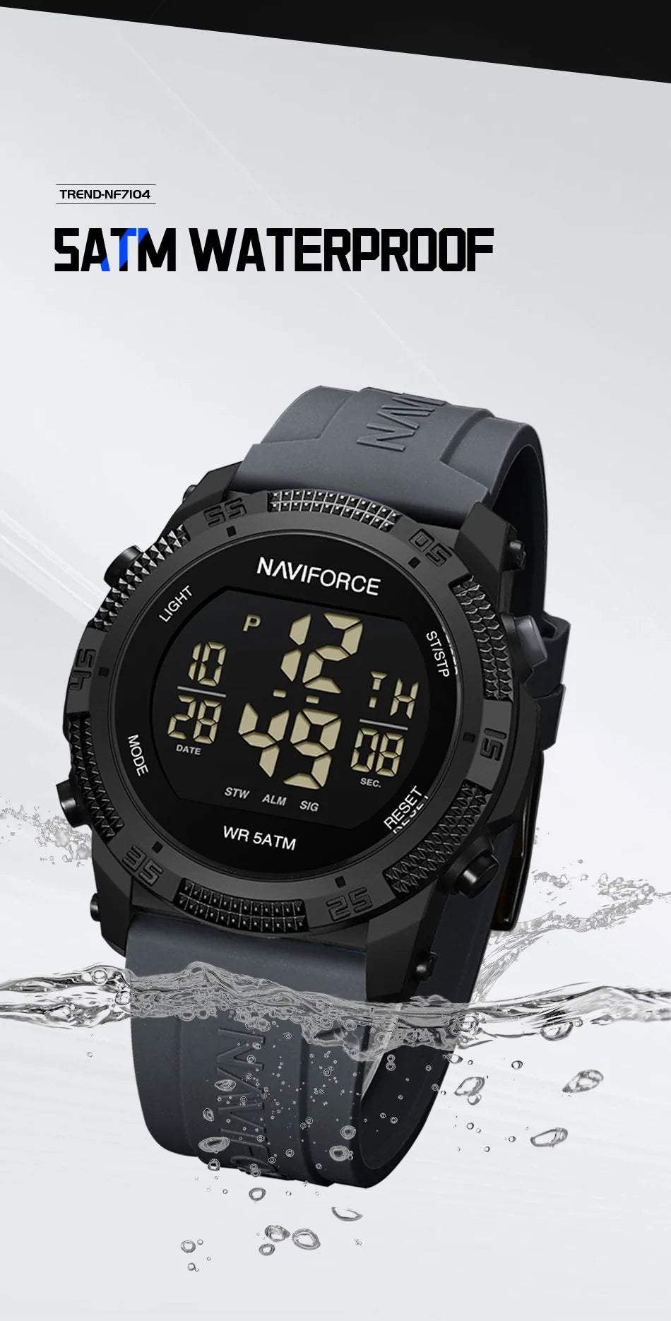NAVIFORCE 7104 Sports Men's LCD Digital Leisure Date Week Alarm Clock Waterproof Silicone Strap Electronic Watch électronique