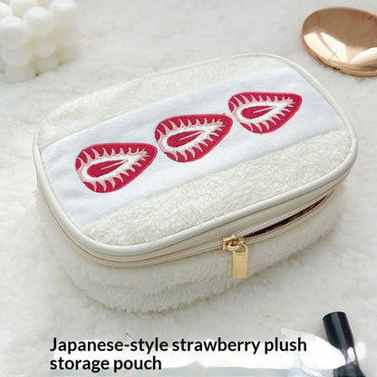 Cute Embroidered Strawberry Pencil Case Portable Stationery Pen Box Multi Functional Large Capacity Makeup Bag Storage Bag
