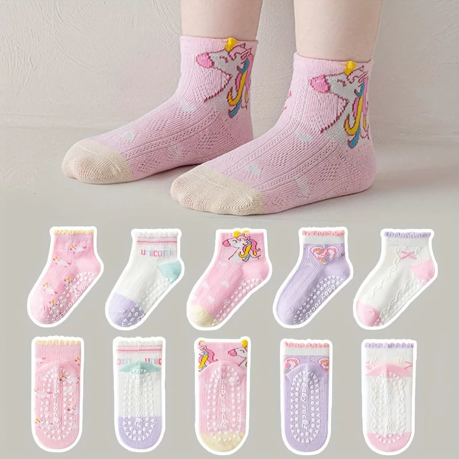 5 Pairs of Kidsren's Floor Socks with Lace Glue, Heart Unicorn Pattern, Boys and Girls, Baby Toddler Soft-Soled Shoes, Indoor Non-Slip Rainbow Pony Mid-Calf Socks, Suitable for Casual Daily Life