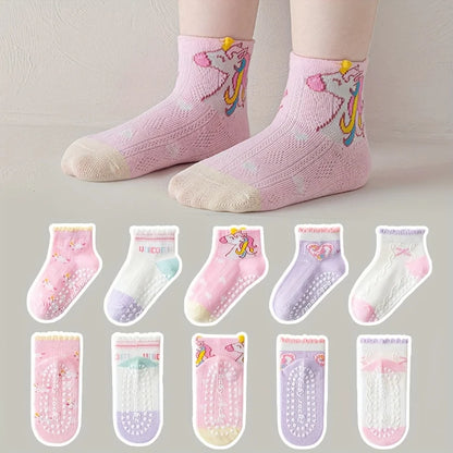 5 Pairs of Kidsren's Floor Socks with Lace Glue, Heart Unicorn Pattern, Boys and Girls, Baby Toddler Soft-Soled Shoes, Indoor Non-Slip Rainbow Pony Mid-Calf Socks, Suitable for Casual Daily Life